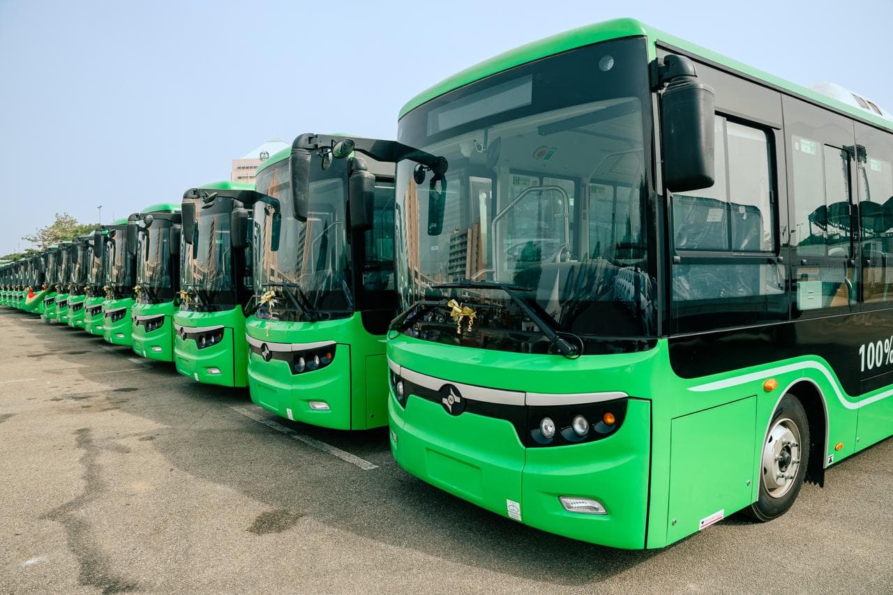 Electric bus in service with passengers boarding